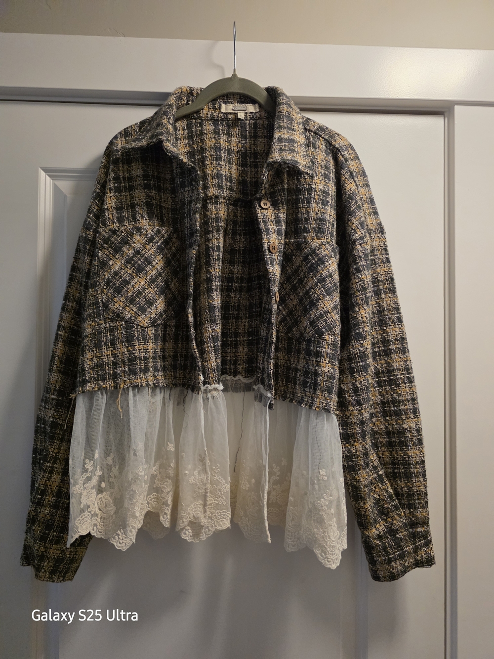 gimmicks by BKE Cropped Plaid Tweed Jacket with Lace Hem - Yellow, Black, Cream
